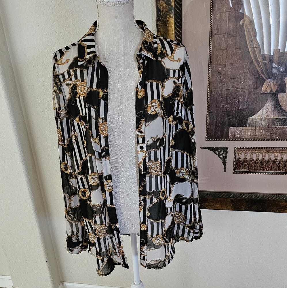 Black and White Sheer Blouse with Gold Accents